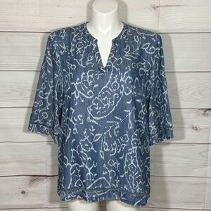 Chico's Blue Denim Paisley Ikat Top 3/4 Sleeves Size 16/XL/Chico’s 3